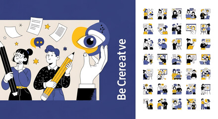 Modern vector illustrations for creative concepts including design, art, and idea generation. Features teamwork, brainstorming, and creative process elements in a flat style.