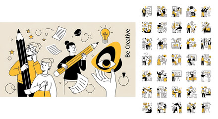 Creative concept vector illustrations showing design, art, and idea generation. Includes teamwork, brainstorming, and creative process elements for modern projects.