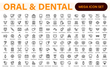 Oral and Dental icon set. Containing tooth, dentist, toothpaste, toothbrush, teeth, implant and dentistry icons. Solid icon collection.