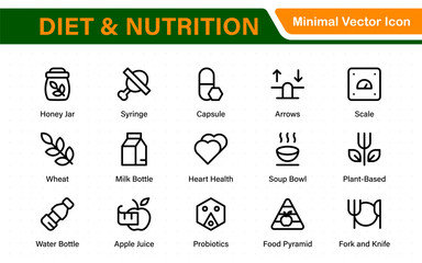 Diet Nutrition icon set. vegetables, water, meal planning, fruits, dietary fiber, protein, vitamins, healthy fats, and carbohydrate icons. Solid icon collection.