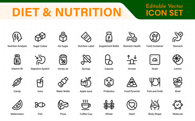 Diet Nutrition icon set. vegetables, water, meal planning, fruits, dietary fiber, protein, vitamins, healthy fats, and carbohydrate icons. Solid icon collection.