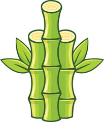 A stylized illustration of three bamboo stalks with green leaves, standing upright.
