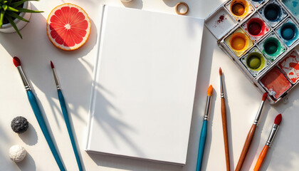 Colorful art supplies and empty sketchbook with fruit on table  