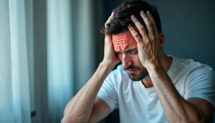 Stressed Man Holding Head in Hands with Headache for Mental Health Blogs, Depression Awareness Websites, Anxiety Cards, Stress Education, and Sadness Awareness