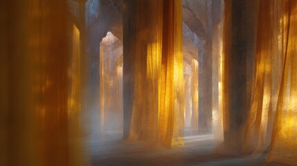 An ethereal hallway illuminated by soft, golden light.