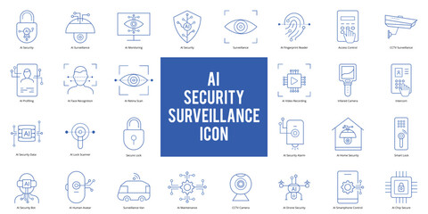 AI security and surveillance icons collection in blue outline style on white background