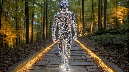 Futuristic Augmented Reality Figure Strolling Through Enchanted Forest Path: A Symbolic Journey of Digital Transformation Innovation and the Convergence of Nature and Technology