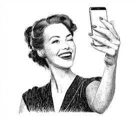 Illustration is in a retro vintage style of a beautiful woman takes a selfie with a smartphone in her hand, smiling and winking at the camera.