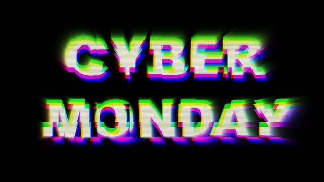 Glitch text reading Cyber Monday in neon colors on black background. Futuristic 2000s style with distortion effect. Digital art, web banner, techno visuals, modern 90s, Y2K aesthetic.