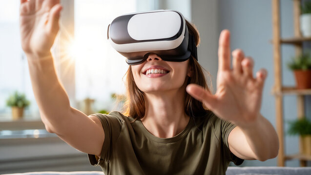 Woman Enjoying Virtual Reality Experience With VR Headset in Modern Home Setting