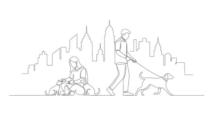 Urban Stroll: A minimalist line art illustration portrays city dwellers enjoying leisure time with their canine companions. Reflecting urban lifestyle.