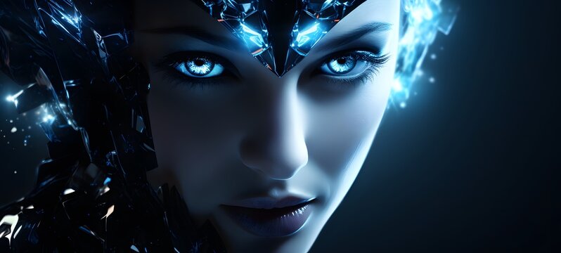 The black background contrasts sharply with the bright blue diamonds light emitted by lady devil vs angel,generative AI