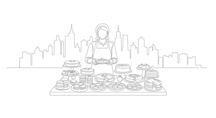 Obraz premium Bakery Delights Display: A bakery stall offers delectable cakes and treats, with a baker standing proudly with a plate, set against a city skyline, celebrating culinary artistry.