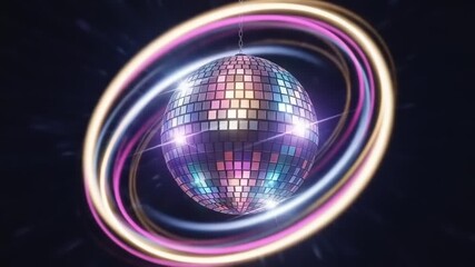 Colorful disco ball spinning in vibrant light trails against a dark background, creating a festive atmosphere - Powered by Adobe