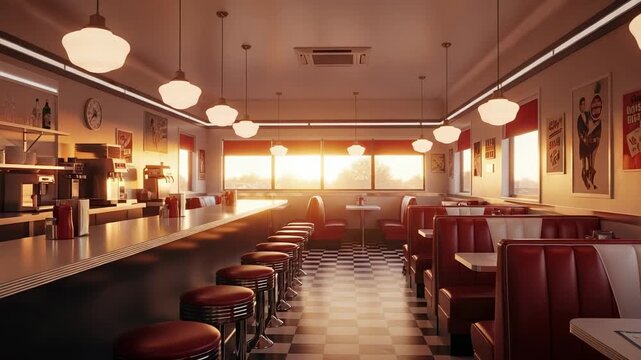 Empty Retro American Diner Interior at Sunrise. Classic Vintage Restaurant with Red Booths and Bar Stools.
