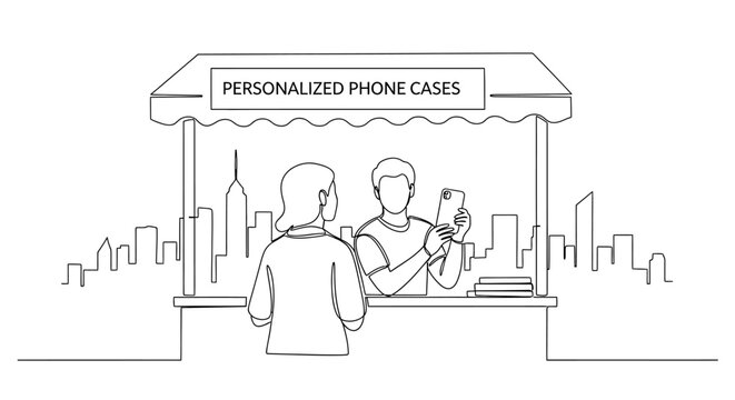 Phone Case Booth: A storefront featuring a booth of personalized phone case. A graphic illustration of the scene highlights the possibilities of customized tech accessories. 