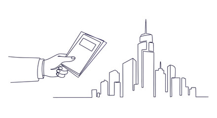 Obraz premium Hand holding brochures in front of skyline: A continuous line art depicts a hand gracefully presenting brochures before a modern cityscape, evoking a sense of urban progress and professional service.