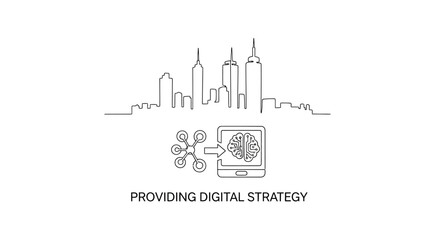 Fototapeta premium Digital Strategy: A line art composition illustrating digital strategy, integrating cityscape, technology, and the concept of a strategic process. Emphasizing innovation and progress.