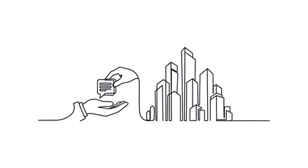 Building a Dialogue: Conceptual artwork depicts a continuous line drawing showing an interaction. The image highlights how dialog and ideas build a city's skyline.