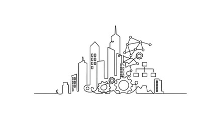Fototapeta premium Cityscape of Innovation: A meticulously crafted line art depiction showcases an urban landscape intertwined with innovative elements.