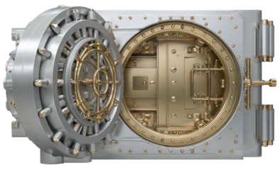 A metallic vault door, open, reveals its interior.  Ornate gold accents contrast with the silver metal