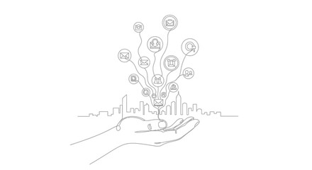 Obraz premium Connected City: A digital representation depicts a hand holding a network of connections, with city icons symbolizing integration of technology and urbanization in this captivating illustration.