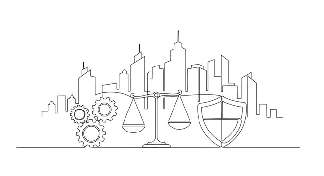 Cityscape of Justice and Protection: An artistic representation of a cityscape, highlighting justice, legal balance, and safety in a modern architectural layout, expressed with clean.