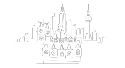Fototapeta premium City Vendor's Showcase: A simplified illustration of a vendor stall set against a backdrop of an iconic city skyline, presenting various products.