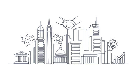 Obraz premium Cityscape of Collaboration: A single-line illustration captures a dynamic cityscape where ideas converge, depicting a cityscape with business in harmony.