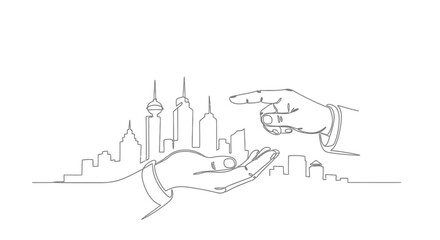 Fototapeta premium City in Hand Concept: A minimalist, one-line drawing captures the essence of urban planning, featuring a city skyline cradled in a hand, while another hand points.