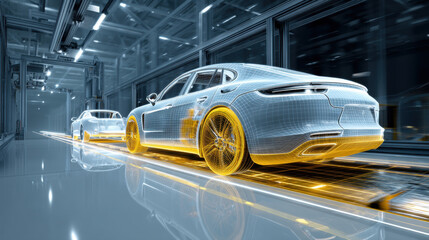 Modern design and tech plan of car with led headlights. A back side view of a generic non existing prototype of a car. Professional product 3D rendering.