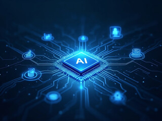 A futuristic glowing blue AI chip on a micro processor circuit board radiating glowing blue lines surrounded by various types of digital icons representing advanced technology and digital innovation.