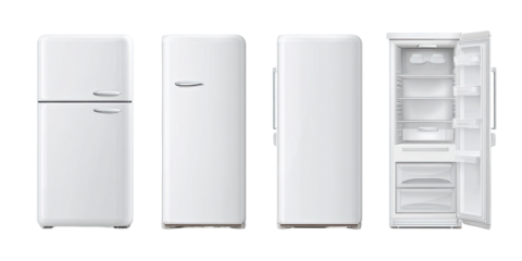 Four views of a vintage-style white refrigerator
