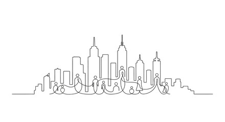 Obraz premium Urban Connection: A continuous line drawing depicts a cityscape intertwined with figures, symbolizing unity and connection within an urban environment.