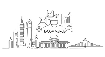 Fototapeta premium Digital Commerce Skyline: A clean, modern illustration merges iconic architectural outlines with e-commerce symbols, representing the future of online business.