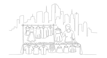 Obraz premium Fashion Selection in the City: A line drawing depicts a fashion stall in an urban setting, a vendor presenting garments to the viewers. It evokes a sense of style. 