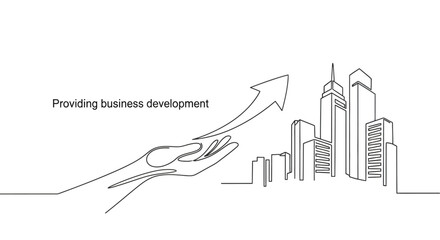 Ascending Business Development: A minimalist line drawing visualizes the concept of business development, featuring an upward-pointing arrow symbolizing growth.