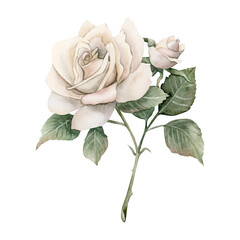 Obraz premium Rose on stem with bud leaves. White garden flower arrangement. Watercolor hand painted floral isolated illustration