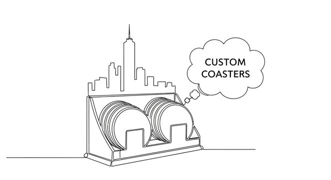 Custom Coasters: A minimalistic illustration of custom coasters, perfect for promoting branding or personalization. This design showcases a unique product concept.