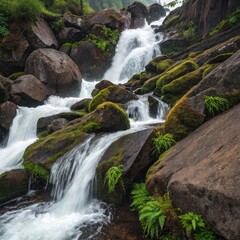 Naklejka premium Tranquil Forest Waterfall Flowing Over Mossy Rocks – Serene Nature Scene, waterfall in the forest