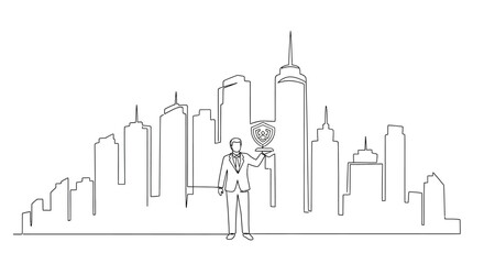 Fototapeta premium Cityscape Success: A minimalist line art illustration captures a figure triumphantly holding a trophy against a modern cityscape backdrop, representing achievement.