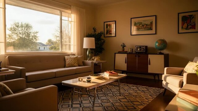 Mid-century modern living room interior with vintage furniture. Retro home decor with warm sunlight from a large window. Nostalgic suburban house scene.