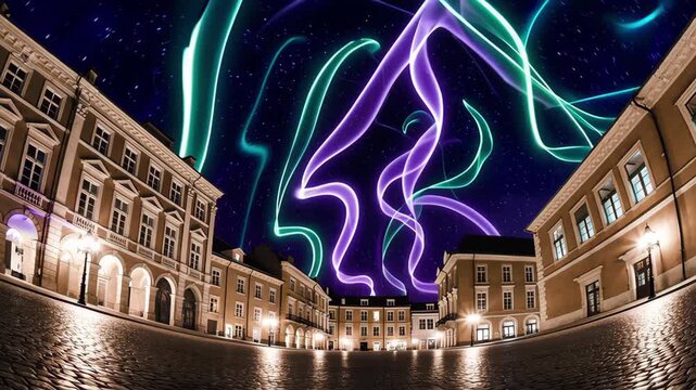Vibrant streaks of light dance across a starry sky above a historical courtyard. The colorful display captivates viewers, blending cosmic beauty with architectural allure in an enchanting spectacle.