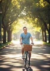 A man on a bicycle rides towards the viewer on a treelined road The bike has a basket