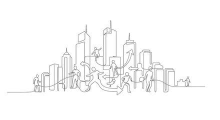Fototapeta premium Cityscape of Progress: A Continuous Line Depicts a Modern Cityscape, Where Figures Represent Progress, Innovation, and the Dynamic Exchange of Ideas, All Embracing the Essence of Growth and Evolution.