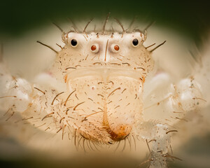 Extreme Macro of White Crab Spider Face – Thomisidae Close-Up with Fine Hair Detail

