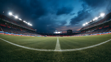 The vibrant football stadium, set for the season&rsquo;s first game, with clear skies above and bright stadium lights. The lush green pitch is meticulously prepared, symbolizing a new season of excitement.