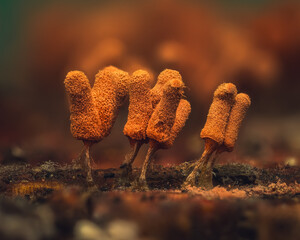 Orange Slime Mold Sporangia Close-Up – Myxomycetes on Decaying Wood

