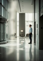 A man stands in a modern brightly lit lobby facing right with hands in pockets A revolving door is on the left