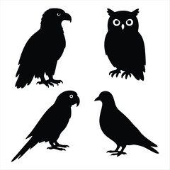 Silhouette Set of Birds Isolated on White Background – Eagle, Owl, Parrot, and Pigeon Vector Illustration
